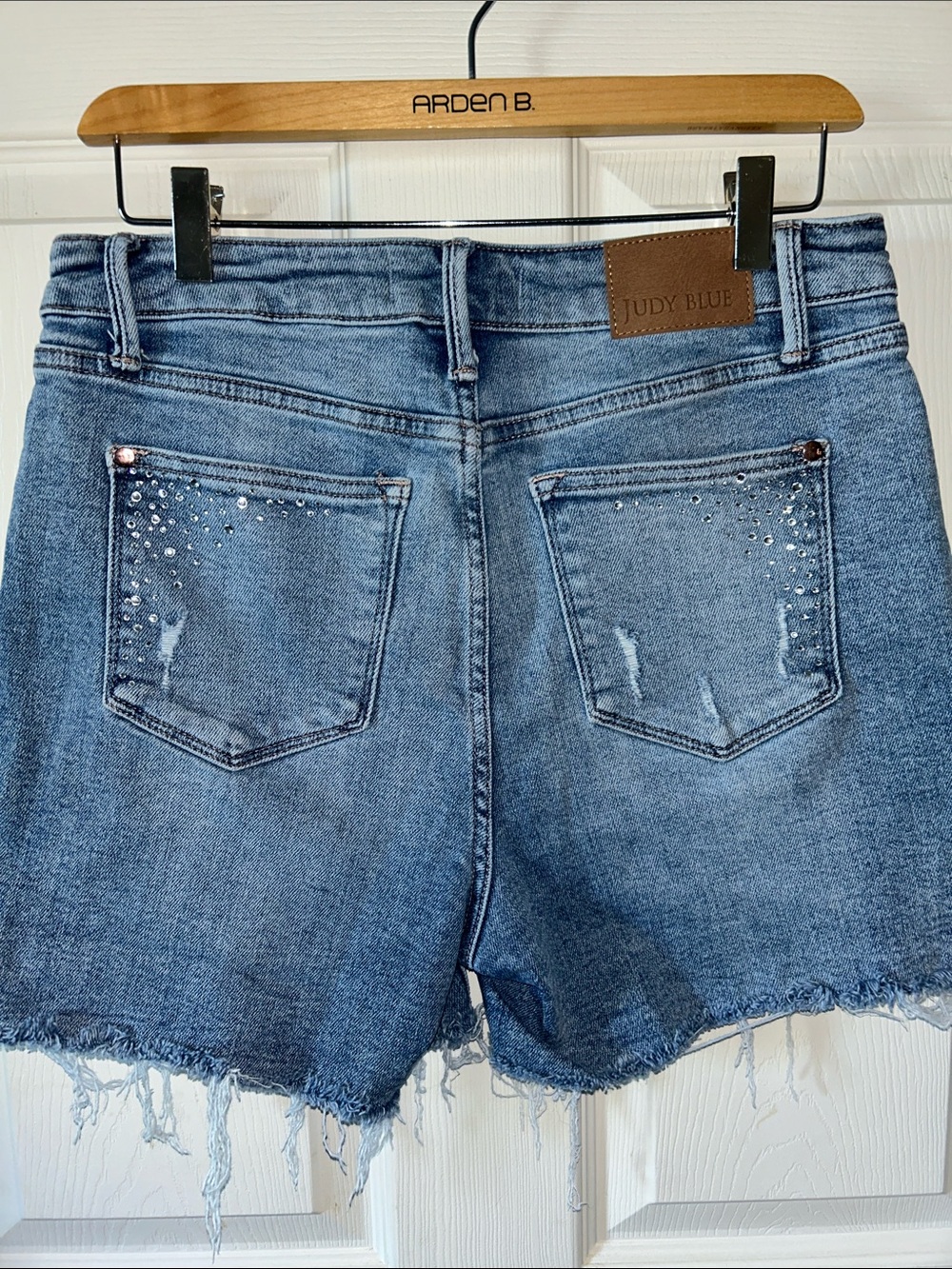 Judy Blue Rhinestone Elle Jean Shorts‎ Sz Large High Rise Cutoff Distressed - Picture 9 of 14